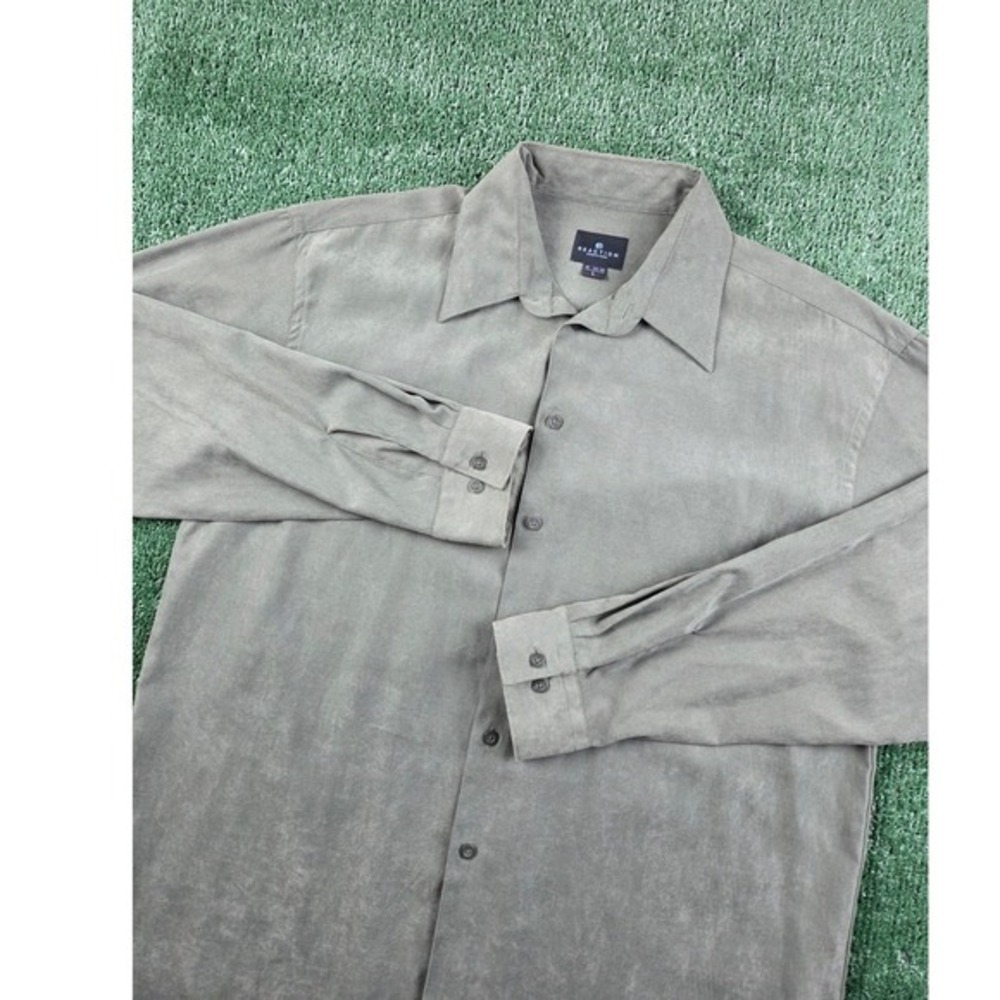 Kenneth Cole Reaction Mens Large Faux Suede Button Down Shirt Olive 16 34-35